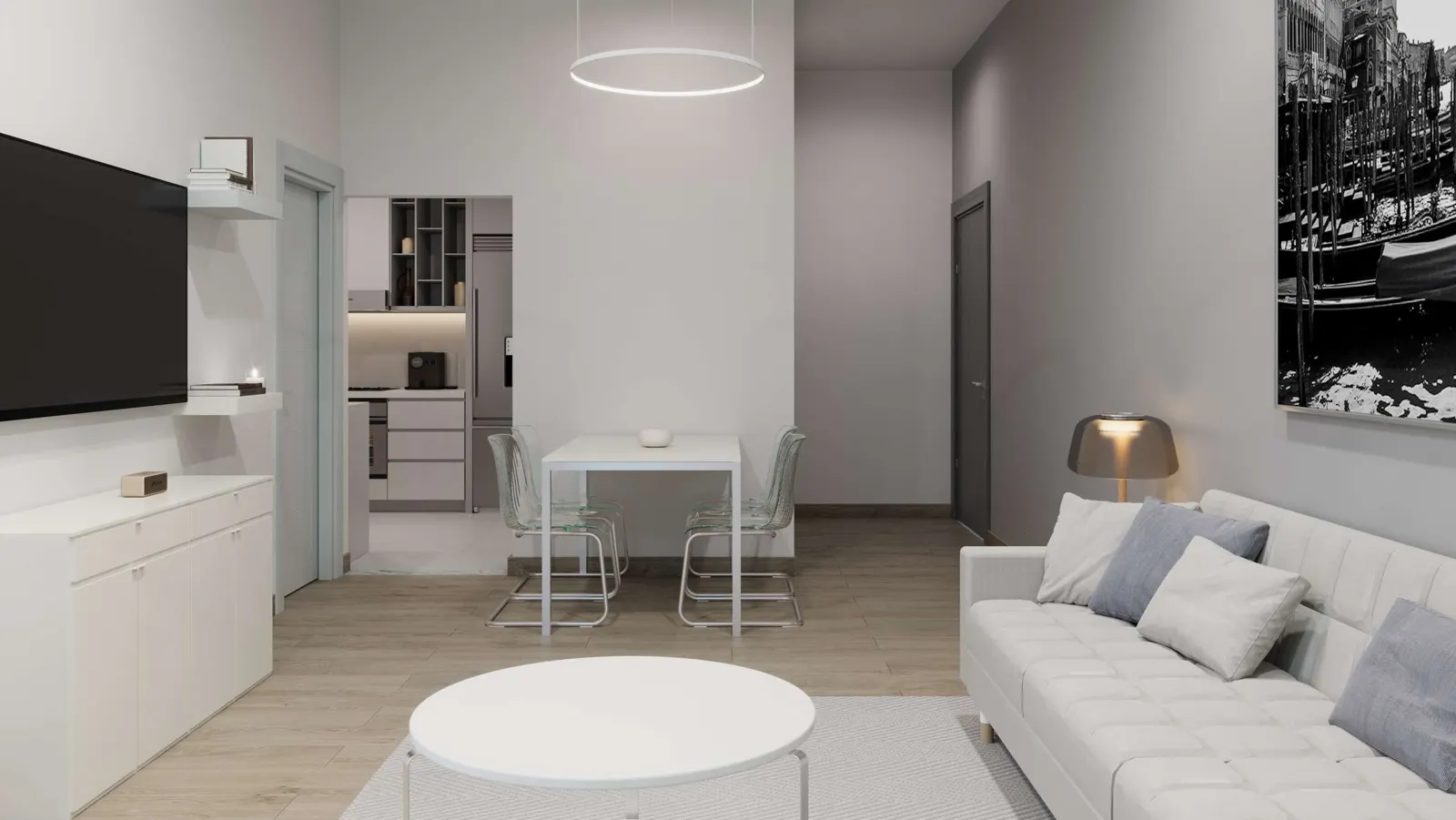 Living and dining room in a Century apartment