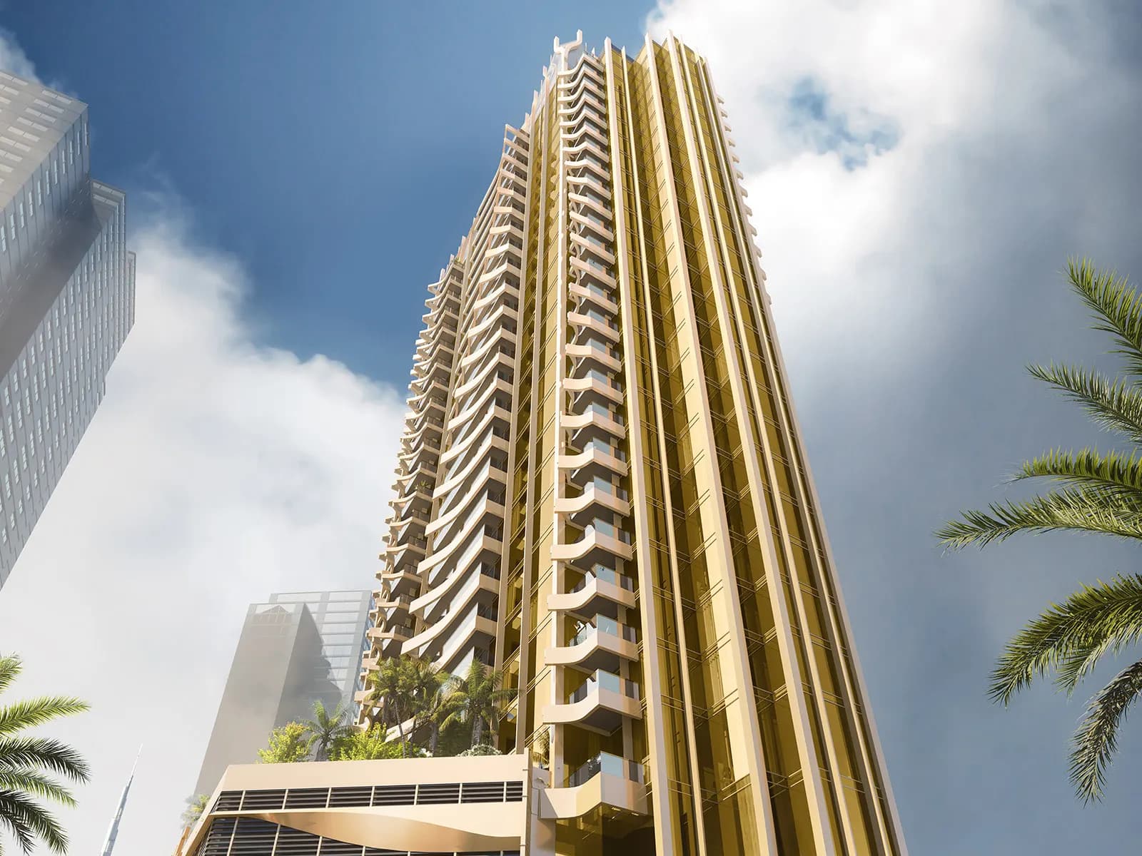 Elegance Tower's gold facade above Downtown Dubai