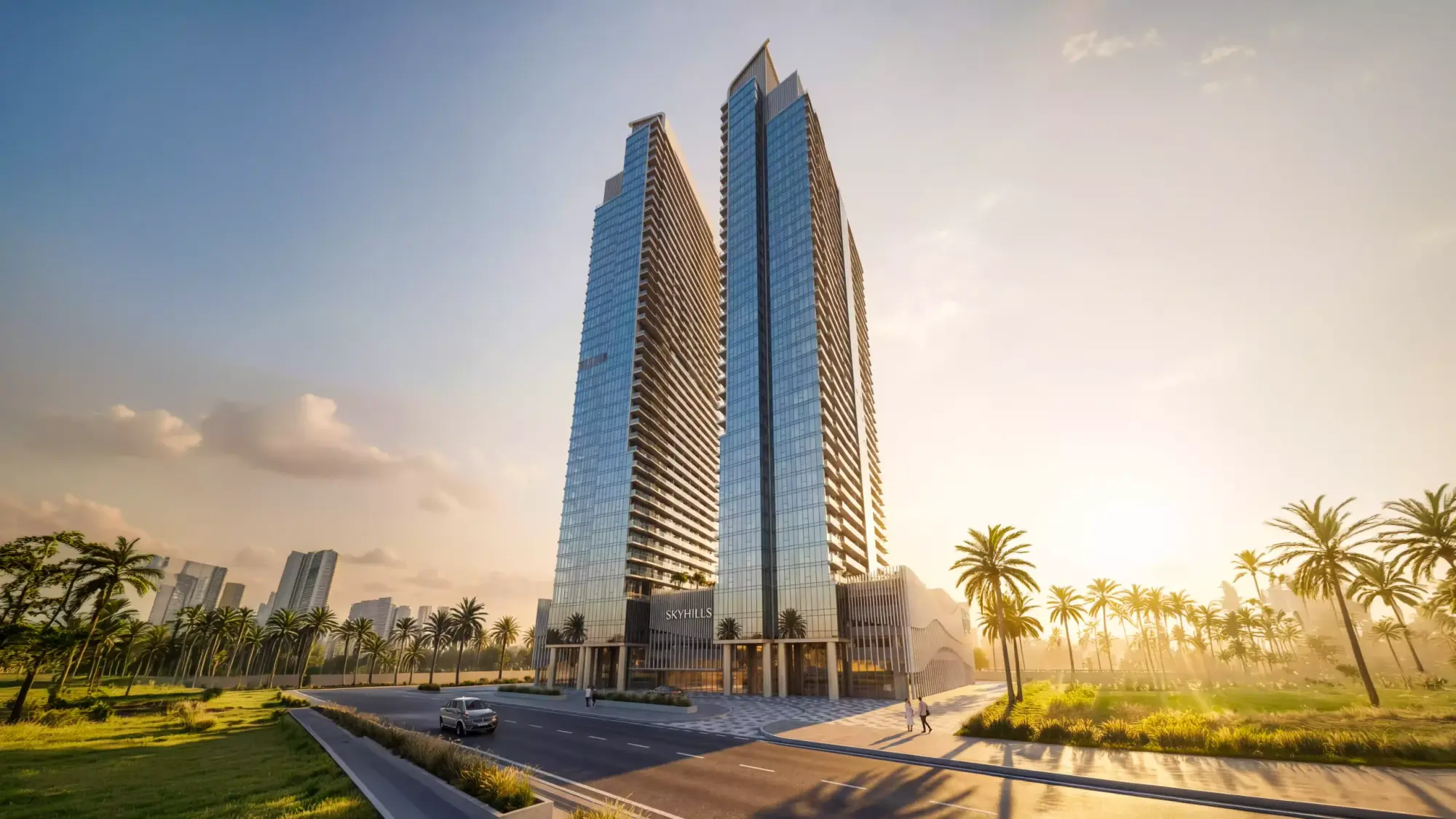 Sky Hills Residences, twin towers in Dubai Science Park at sunset