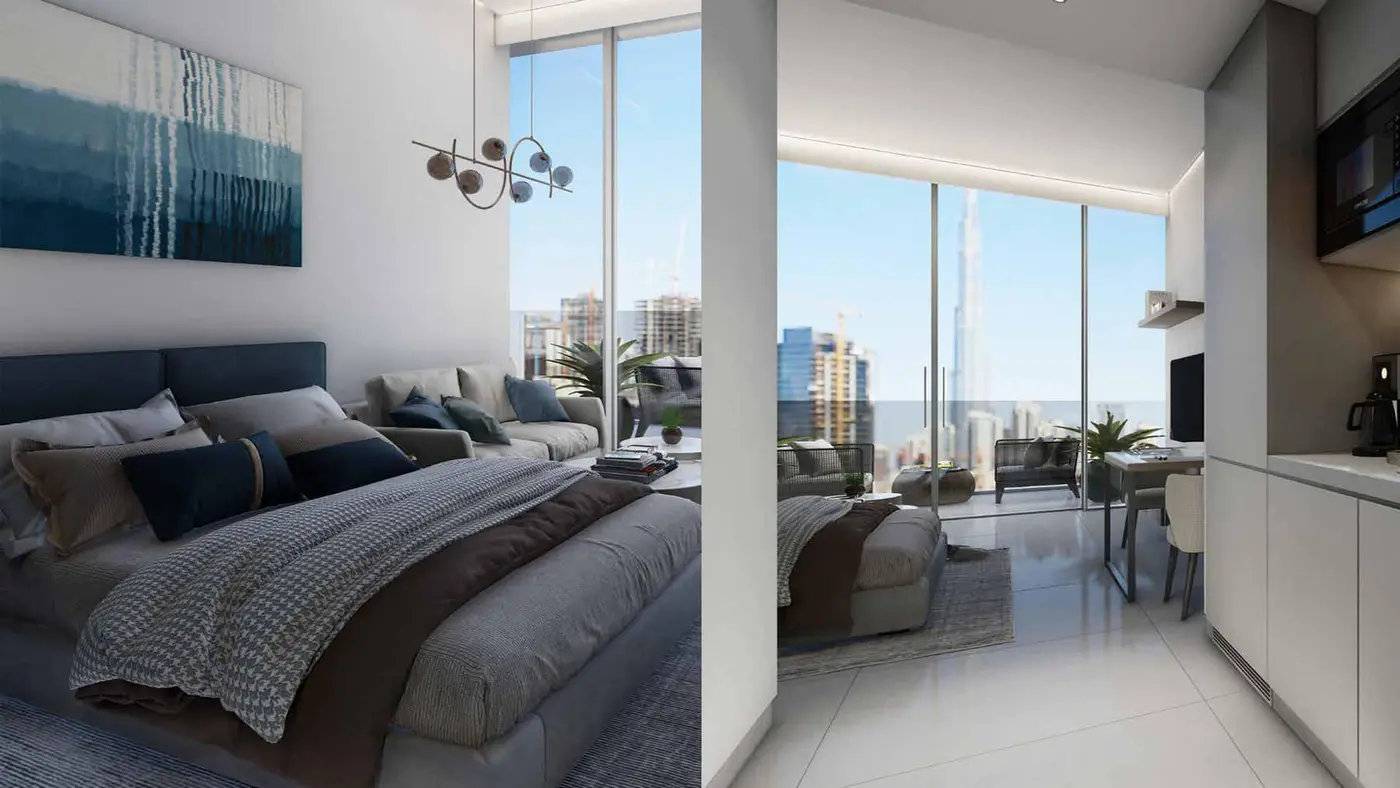A Society House bedroom looking out to the Burj Khalifa
