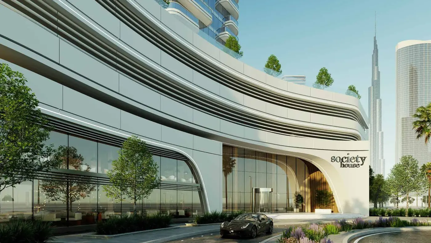 The Society House entrance with the Burj Khalifa behind