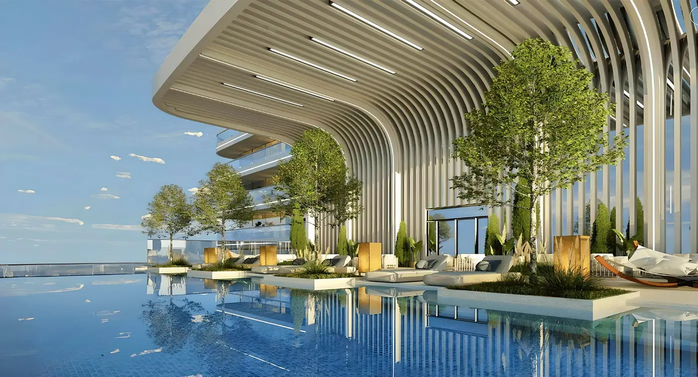 The Society House pool deck under its sculpted canopy