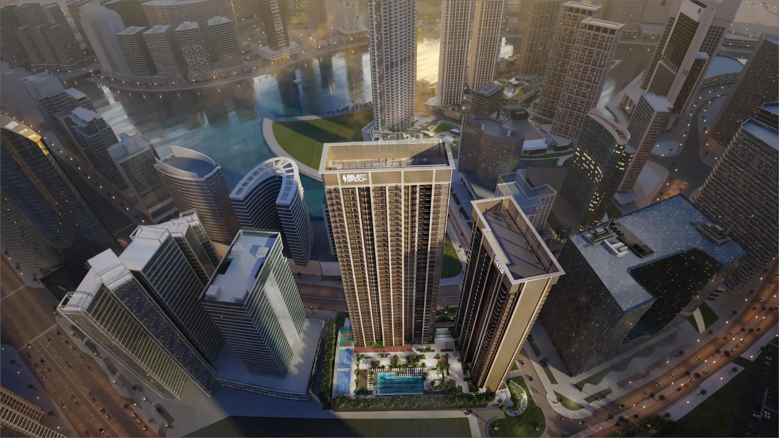 The Edge's two towers in Business Bay, with the Dubai Canal behind
