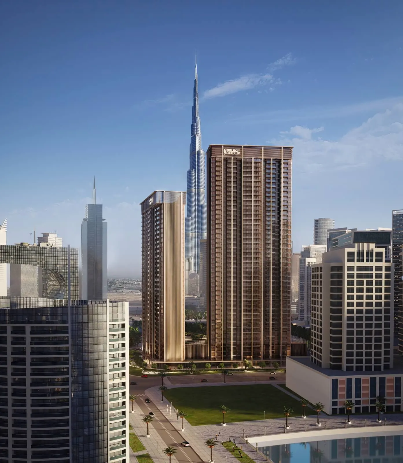 The Edge towers with the Burj Khalifa behind
