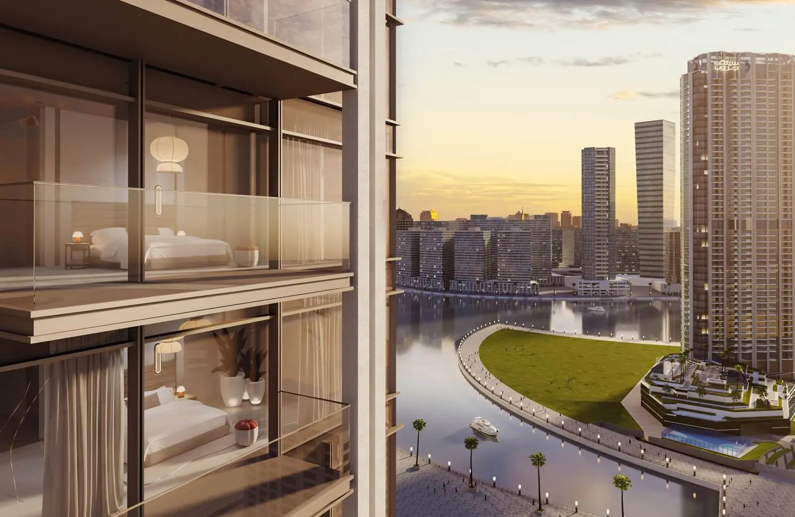 A bedroom at The Edge looking out over the Dubai Canal